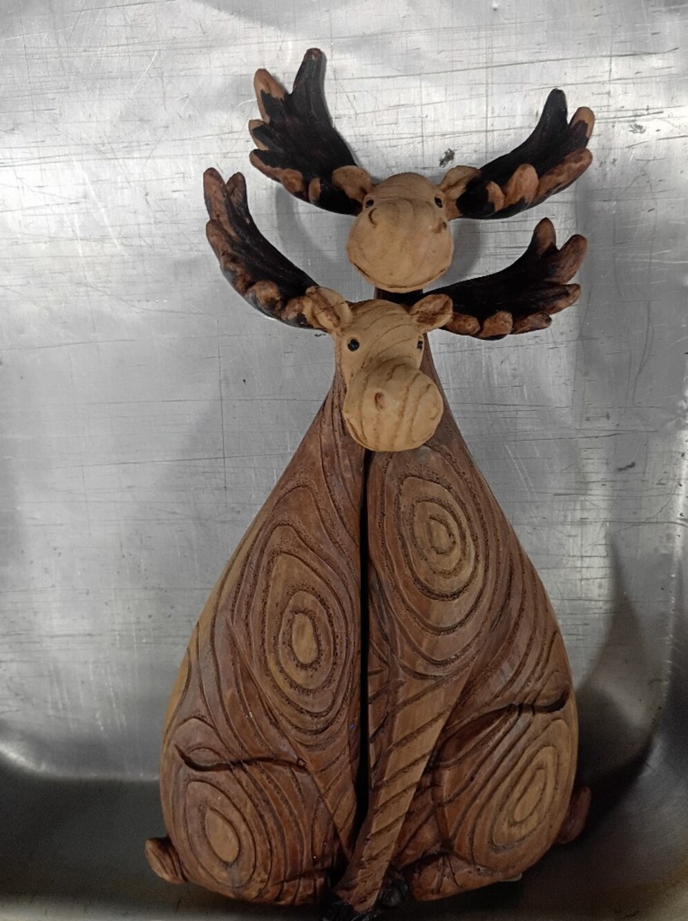 Wood Carved Moose Pair Figurine - Rustic Brown Tan